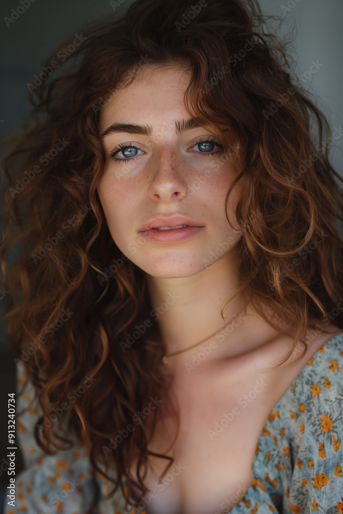 Naklejka premium A woman with brown hair and blue eyes is wearing a yellow floral dress