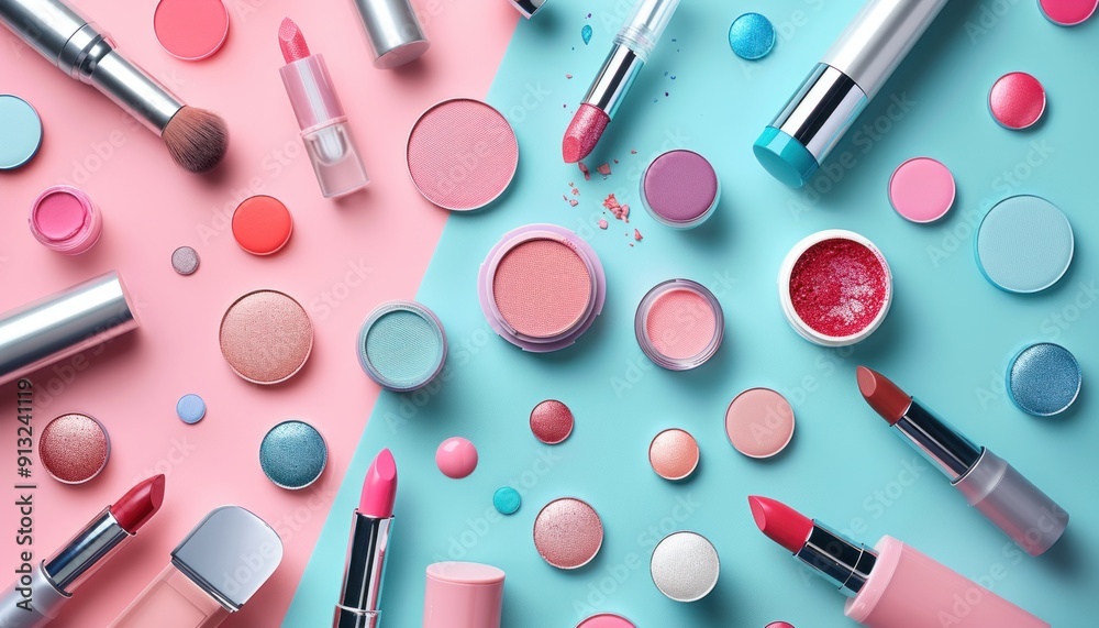 Makeup artist creating flat lay composition with colorful cosmetics on blue and pink background