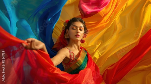 Woman in a colorful sari, holding flowing fabric.