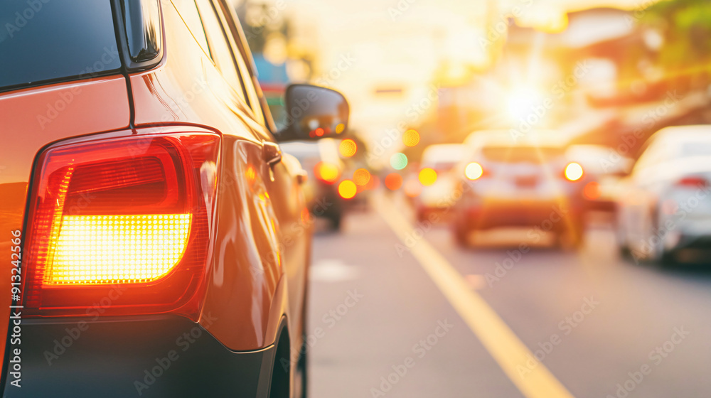 Cars line the bustling street as the sun sets, casting a warm glow over the traffic and creating a vibrant atmosphere Cars line the bustling street as the sun sets, casting a warm glow over the traffic and creating a vibrant atmosphere