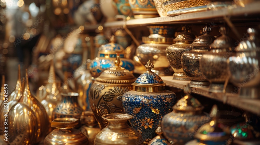 Antique market with various ornate vases and jars Antique market with various ornate vases and jars