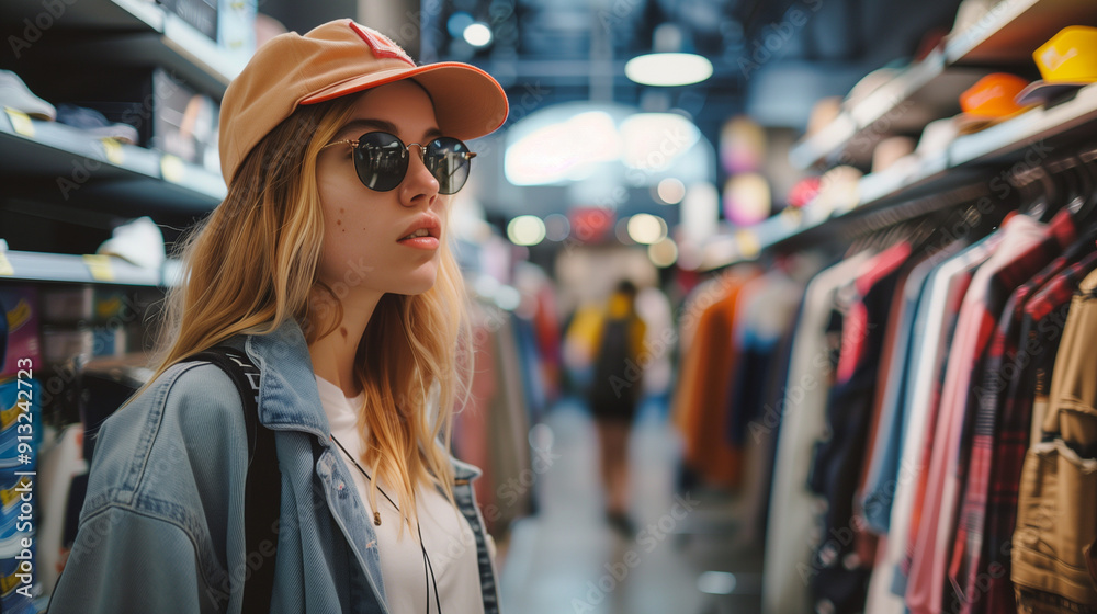 Young woman shopping in a clothing store, a young woman with long blonde hair wearing a striped beanie and glasses, standing in a clothing store aisle surrounded by various garments on racks Young woman shopping in a clothing store, a young woman with long blonde hair wearing a striped beanie and glasses, standing in a clothing store aisle surrounded by various garments on racks