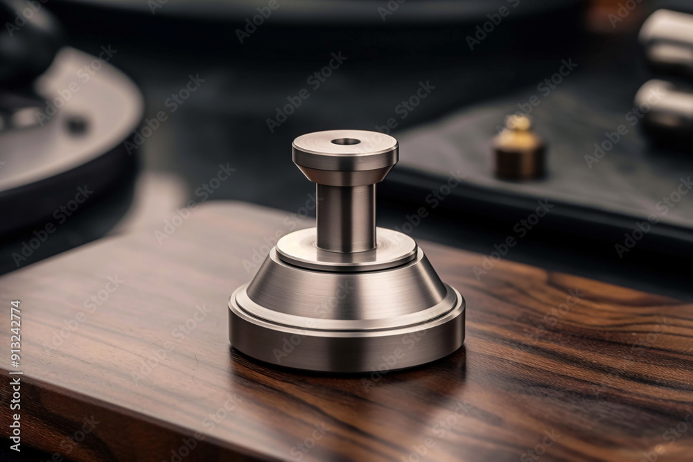 A precision machined metal tool rests on a polished wooden surface, surrounded by additional tools in a well-lit workshop environment A precision machined metal tool rests on a polished wooden surface, surrounded by additional tools in a well-lit workshop environment
