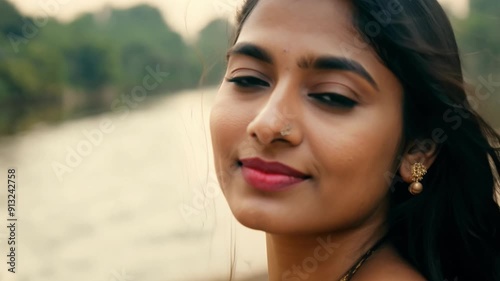 A woman with long black hair is standing by a body of water