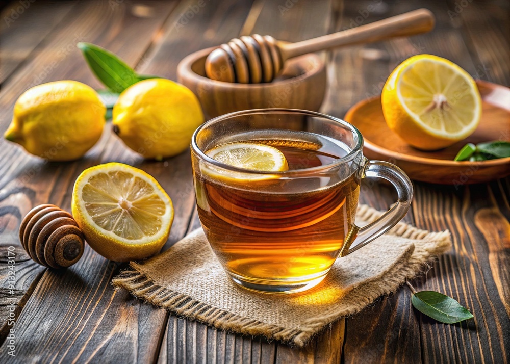 A cup of hot tea with lemon and honey on a table. A cup of hot tea with lemon and honey on a table.