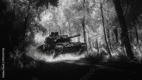 Black and White Thermal Imaging Photo of Tank Moving through Dense Forest at Night