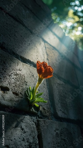 A small red flower is growing out of a crack in a brick wall