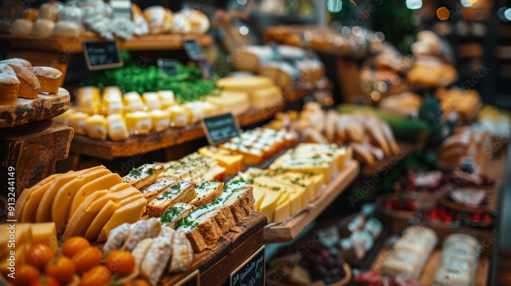 Fototapeta premium Artisan cheese display at a market stall