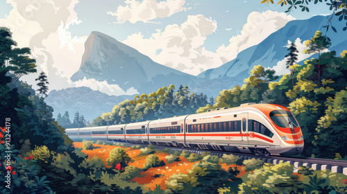 Modern high-speed train traveling through scenic mountainous landscape with lush greenery and clear skies. photo