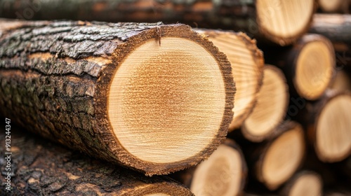 Freshly cut logs are stacked neatly at a timber yard, showcasing their smooth surfaces and seasonal colors. photo