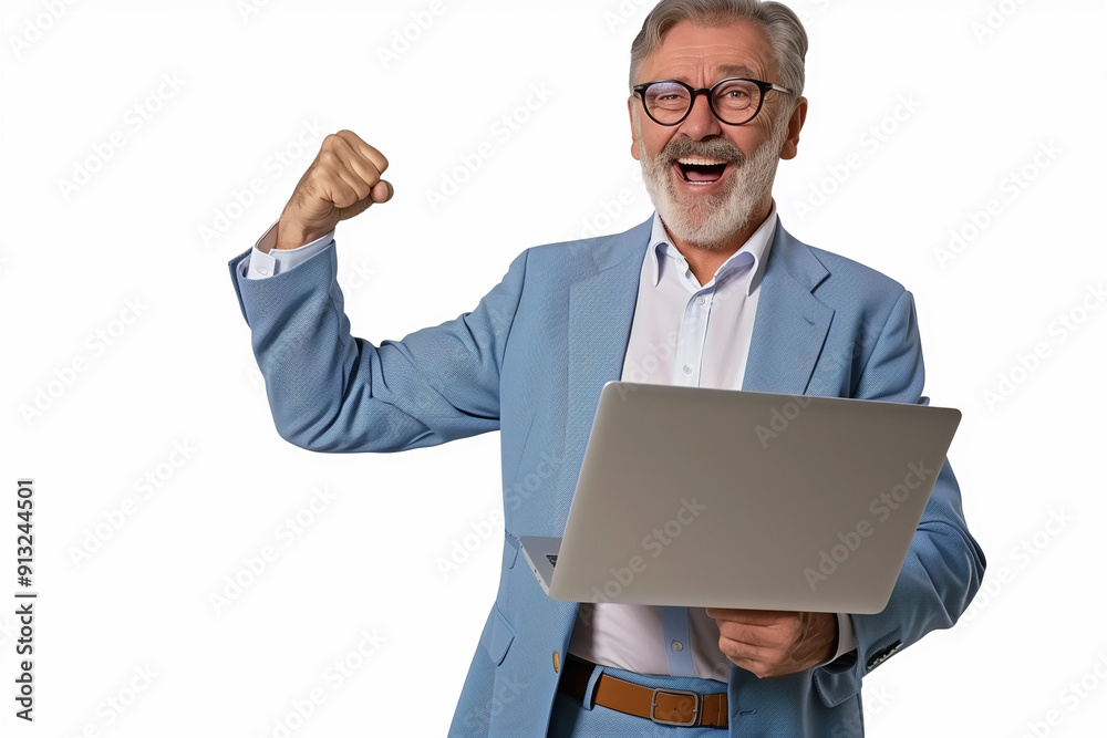 An elderly businessman with beard and glasses wearing a blue suit and white shirt holding a happy laptop and smiling on a white background, isolated from the background. An elderly businessman with beard and glasses wearing a blue suit and white shirt holding a happy laptop and smiling on a white background, isolated from the background.