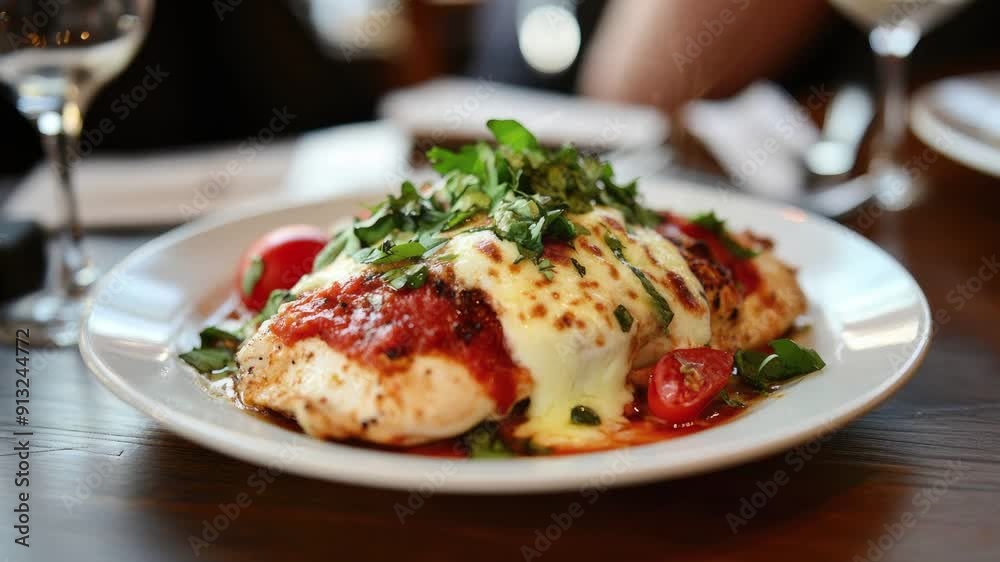 Zooming in on a Plate of Delicious Chicken Margherita on a Wooden Table Zooming in on a Plate of Delicious Chicken Margherita on a Wooden Table