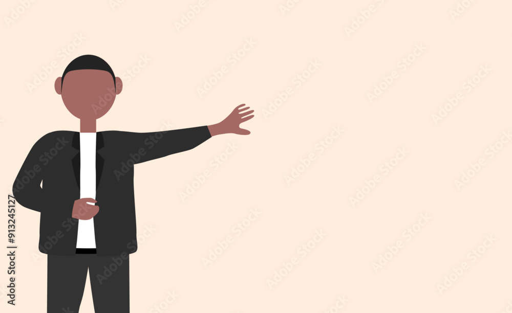 African character faceless illustration with pointing hand on right side copy space, editable vector. African character faceless illustration with pointing hand on right side copy space, editable vector.