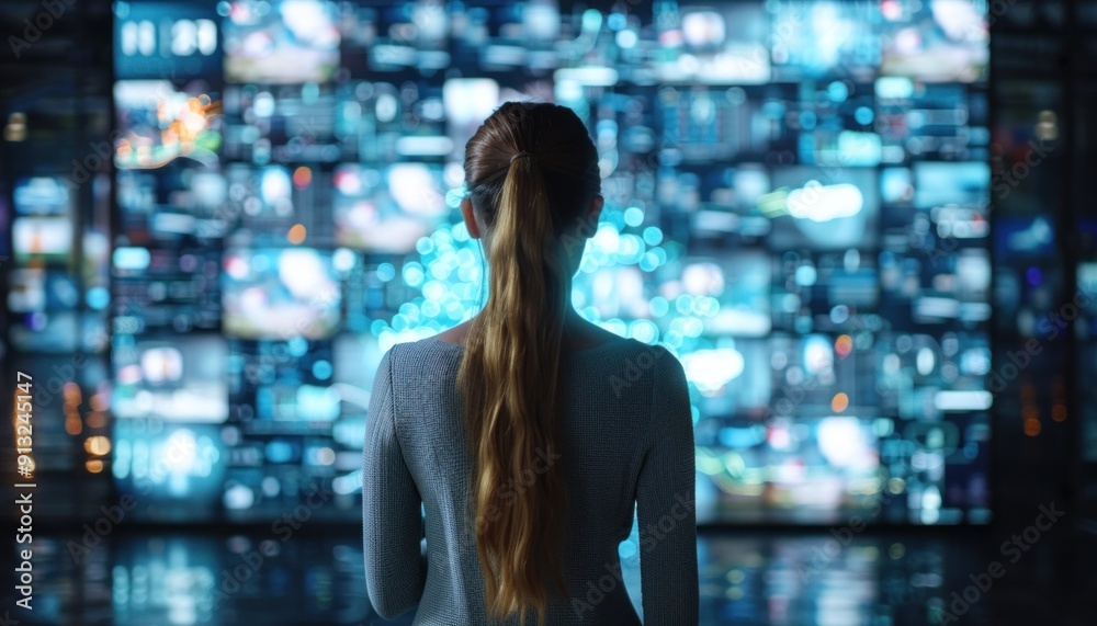 Businesswoman watching big data analysis on multiple digital screens showing financial information Businesswoman watching big data analysis on multiple digital screens showing financial information