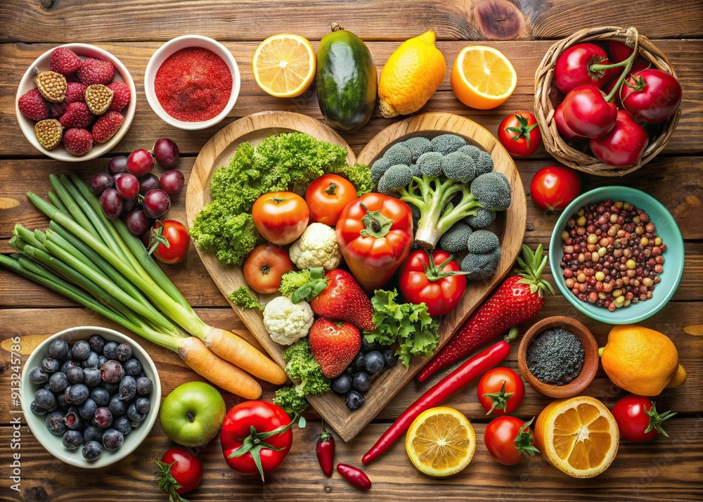 A table filled with heart-healthy foods like fruits and vegetables. A table filled with heart-healthy foods like fruits and vegetables.