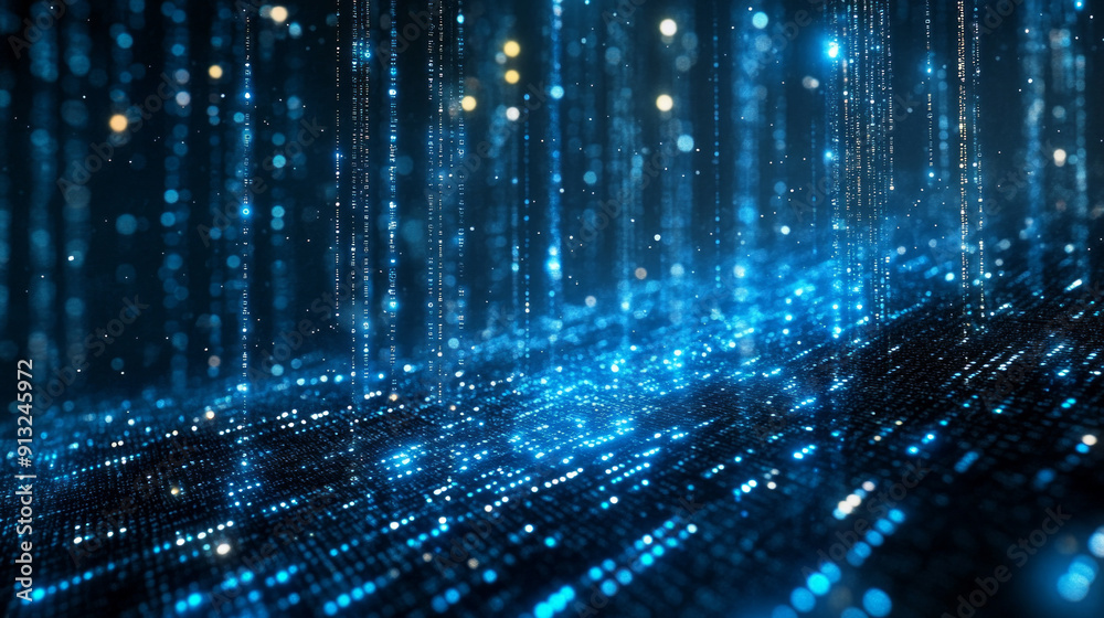 Blue matrix background. Abstract digital background with falling blue light particles simulating data flow or matrix in cyberspace. cyber security and data processing concept. Blue matrix background. Abstract digital background with falling blue light particles simulating data flow or matrix in cyberspace. cyber security and data processing concept.