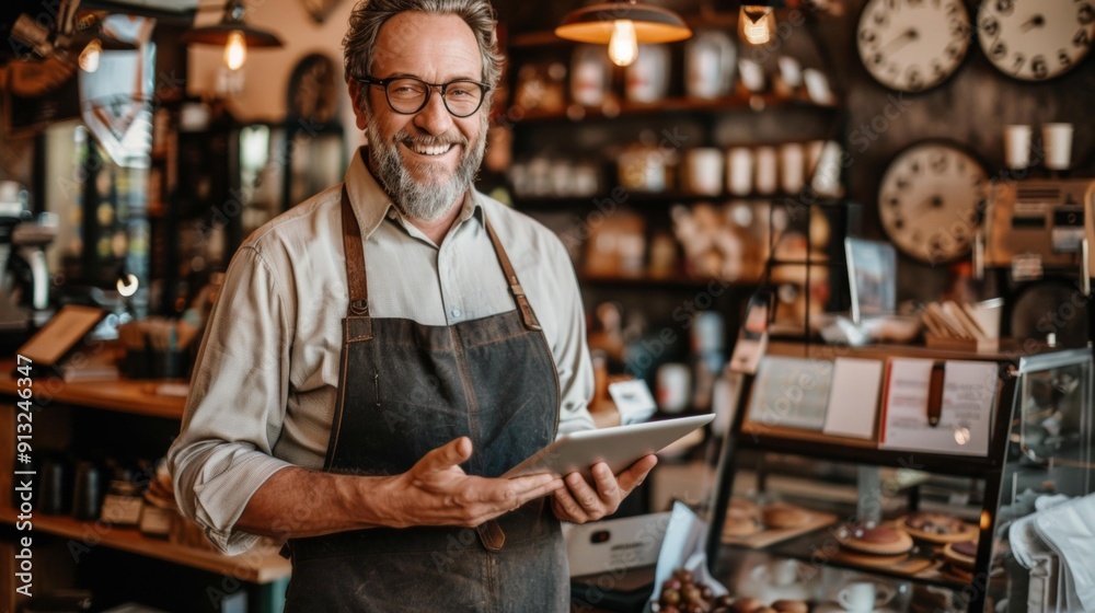 Smiling middle-aged man with curly hair wearing glasses and apron holds tablet, standing in cozy café, showcasing small business, excited about customers and service.