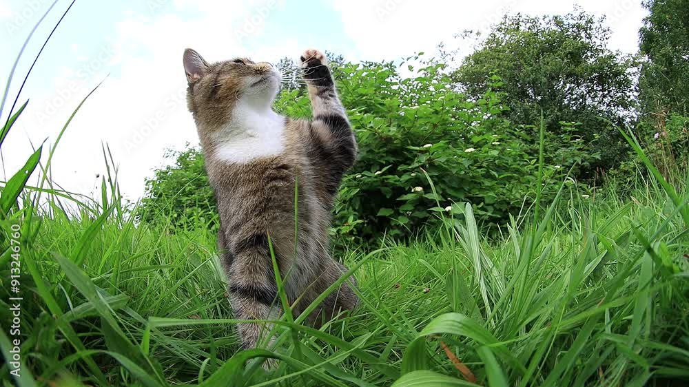 Lustiges Video von einer kleinen Katze die im Gras spielt