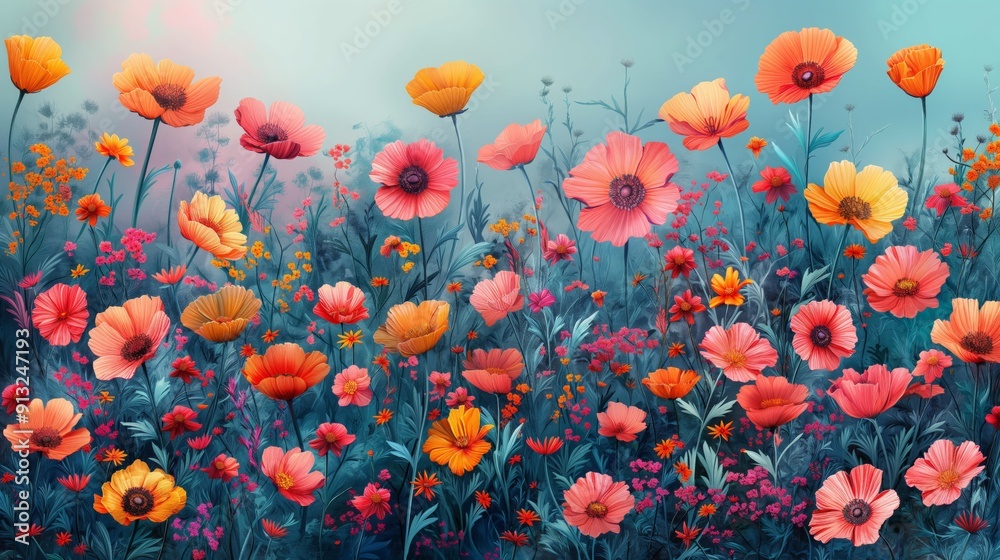 Obraz premium A vibrant field of wildflowers in full bloom, showcasing nature's beauty and diversity, with an array of colorful flowers in a garden set against a tranquil background