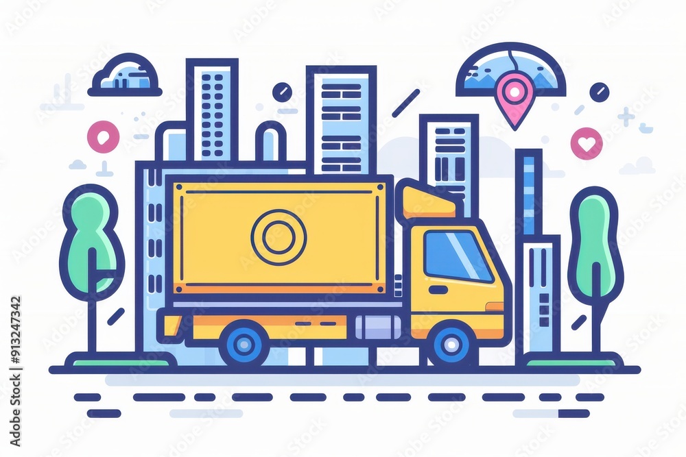 Delivery Truck Navigating Urban Landscape With Buildings Delivery Truck Navigating Urban Landscape With Buildings