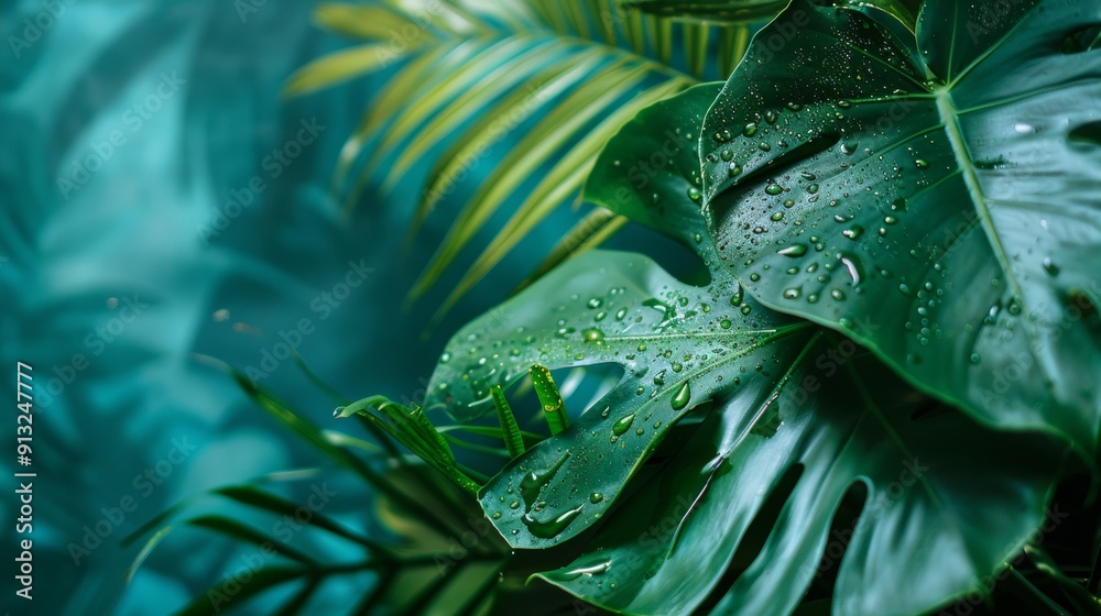 Fototapeta premium Close-up of tropical leaves with water droplets