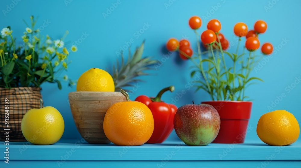 Colorful fruits and flowers on a blue background Colorful fruits and flowers on a blue background