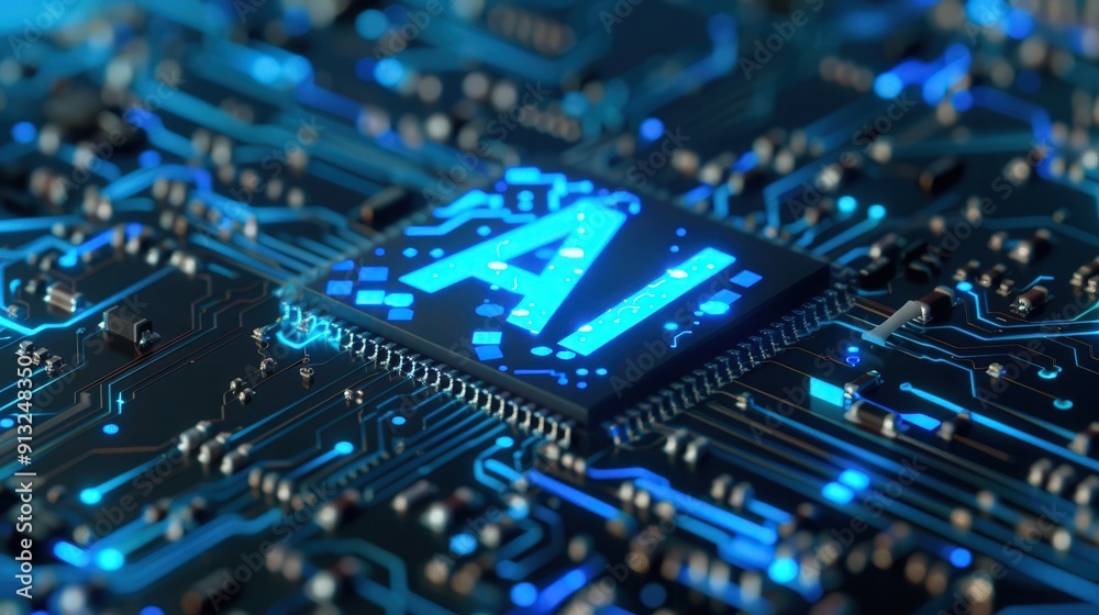 Close-up of a modern microchip featuring glowing blue circuits and the letters 'AI', symbolizing advanced technology. Close-up of a modern microchip featuring glowing blue circuits and the letters 'AI', symbolizing advanced technology.