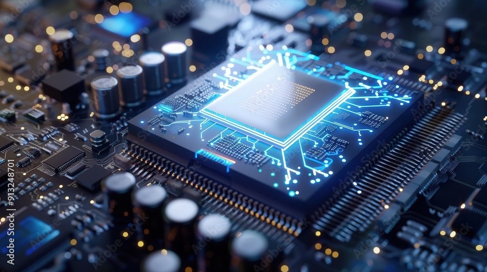 Fototapeta premium Close-up of a modern computer chip with glowing circuitry, representing technology and innovation in electronic devices.