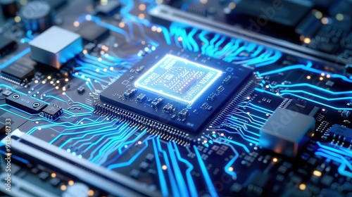 Close-up of a modern microchip on a circuit board, featuring intricate blue circuitry and glowing components, symbolizing technology.