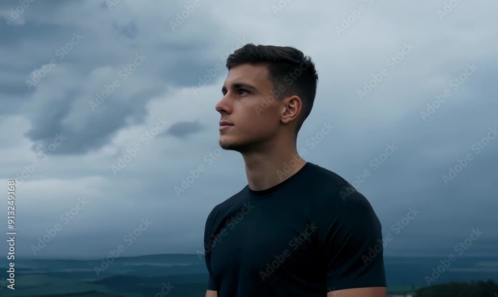 Young man in black sportswear looking away against cloudy sky. Young man in black sportswear looking away against cloudy sky.