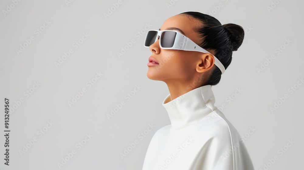Fashion Forward: Stylish Woman in Futuristic Outfit Against Neutral Studio Backdrop Fashion Forward: Stylish Woman in Futuristic Outfit Against Neutral Studio Backdrop