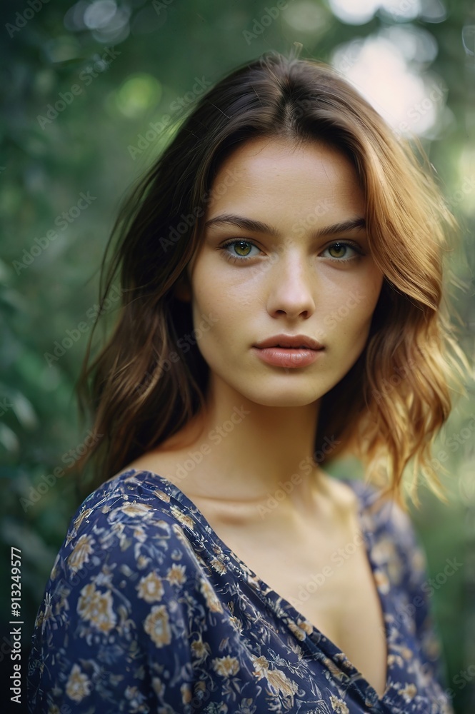 A woman with brown hair and green eyes is standing in a forest A woman with brown hair and green eyes is standing in a forest