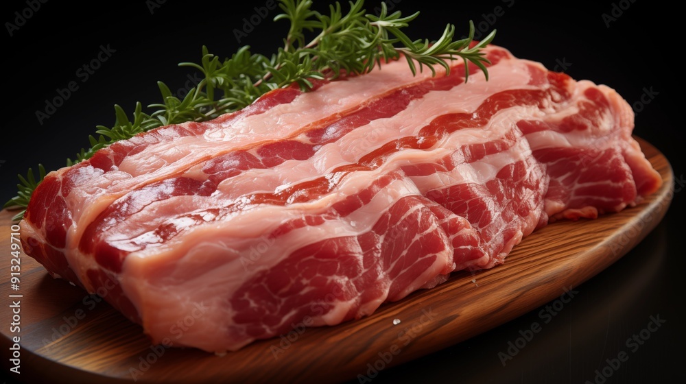 Fototapeta premium Close view of bacon, front view from above, studio lighting, isolated white background.