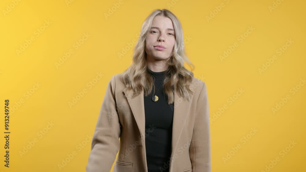 Brainy businesswoman entrepreneur with gesture - you, think about it. Great idea, intelligent startupper on yellow studio Brainy businesswoman entrepreneur with gesture - you, think about it. Great idea, intelligent startupper on yellow studio