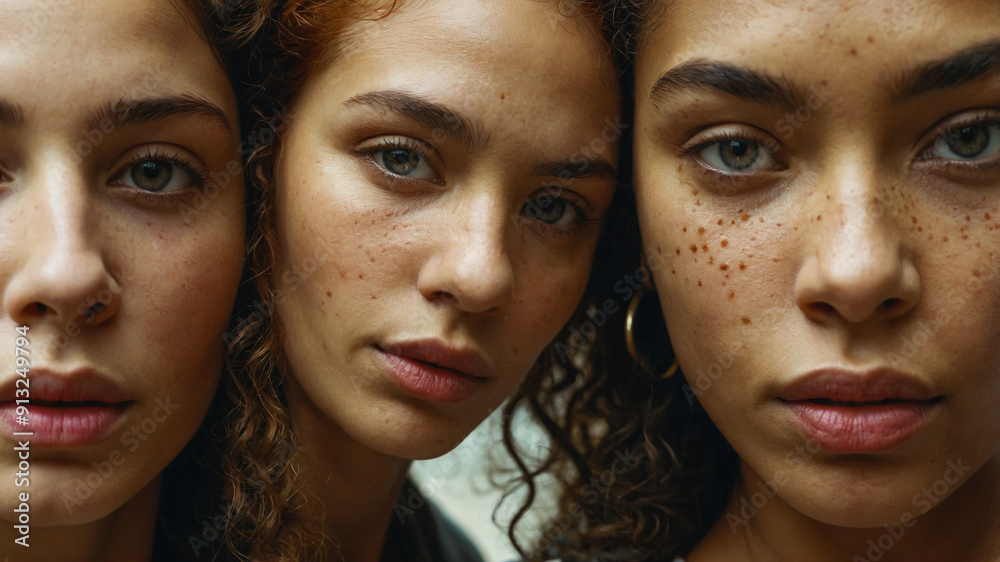 striking, close-up portrait of three women striking, close-up portrait of three women