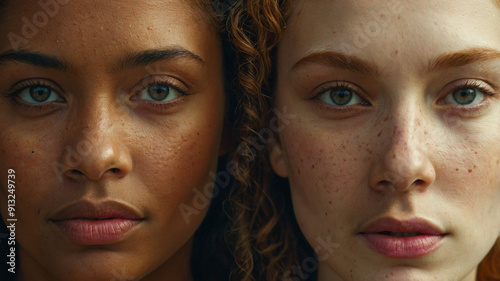 two beautiful women posed close together in close-up