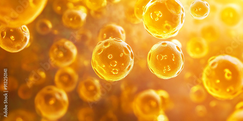 Fat bright yellow cells background. Inside human organism, 3D render, illustration, closeup.