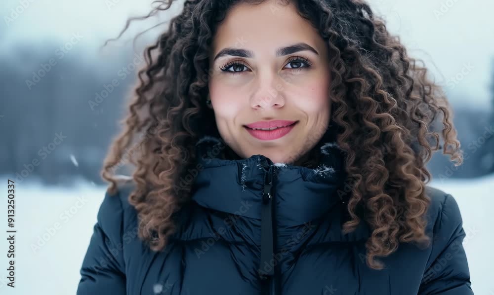 Portrait of a beautiful young woman with curly hair wearing winter jacket Portrait of a beautiful young woman with curly hair wearing winter jacket