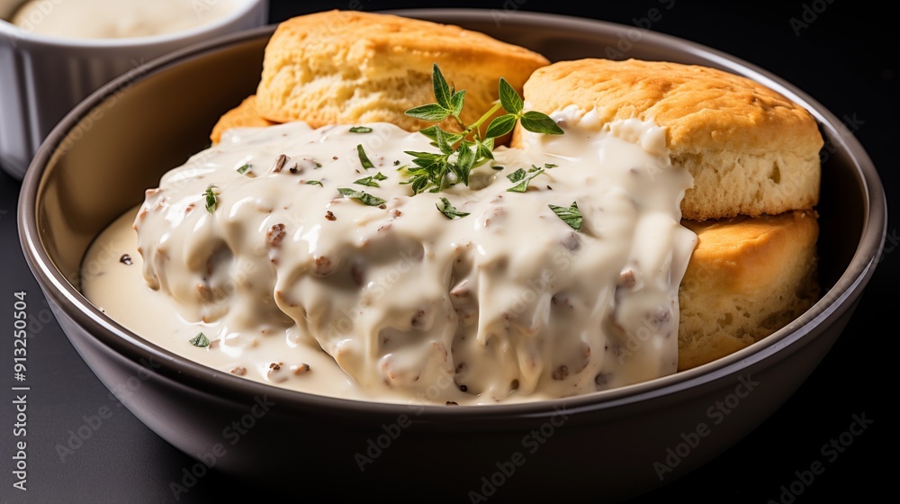 Close view of biscuits and gravy, front view from above, studio lighting, isolated white background. Close view of biscuits and gravy, front view from above, studio lighting, isolated white background.