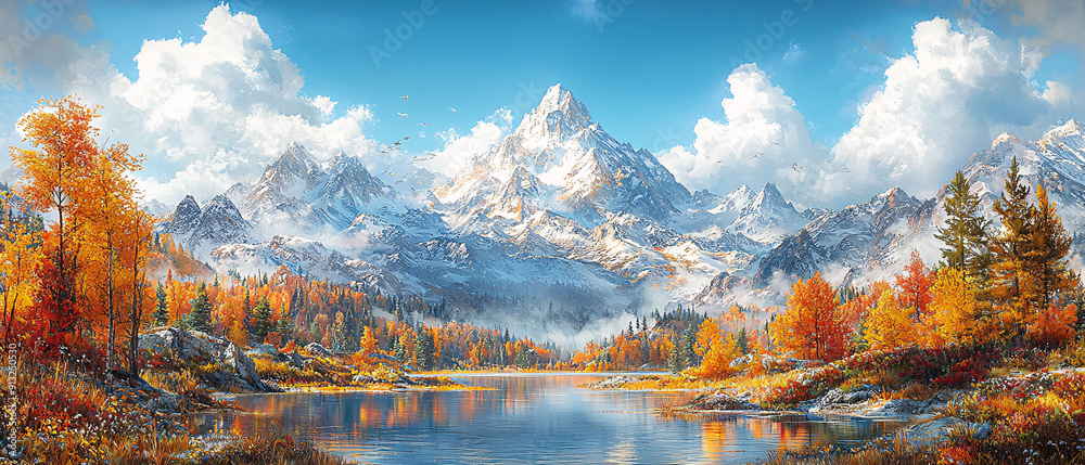 Obraz premium Breathtaking snowy mountain range with a crystal clear alpine lake in the foreground