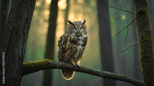 great horned owl perched on branch