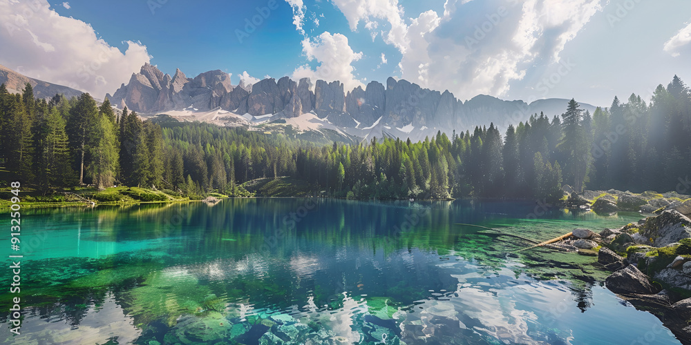 Naklejka premium Small beautiful lake surrounded by mountains in Dolomite alps