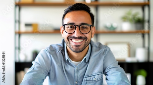 Confident Young Startup Founder Working at Desk in Modern Office with Clean Background