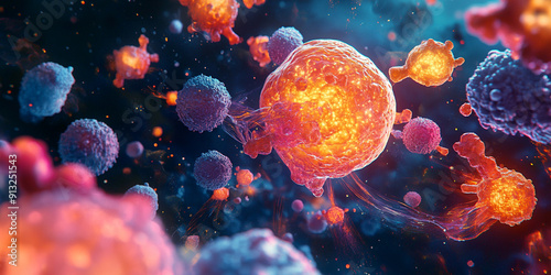 A detailed neonlite micrograph of cancer cells, showing both micro and macro perspectives to enhance understanding in a medical educational setting