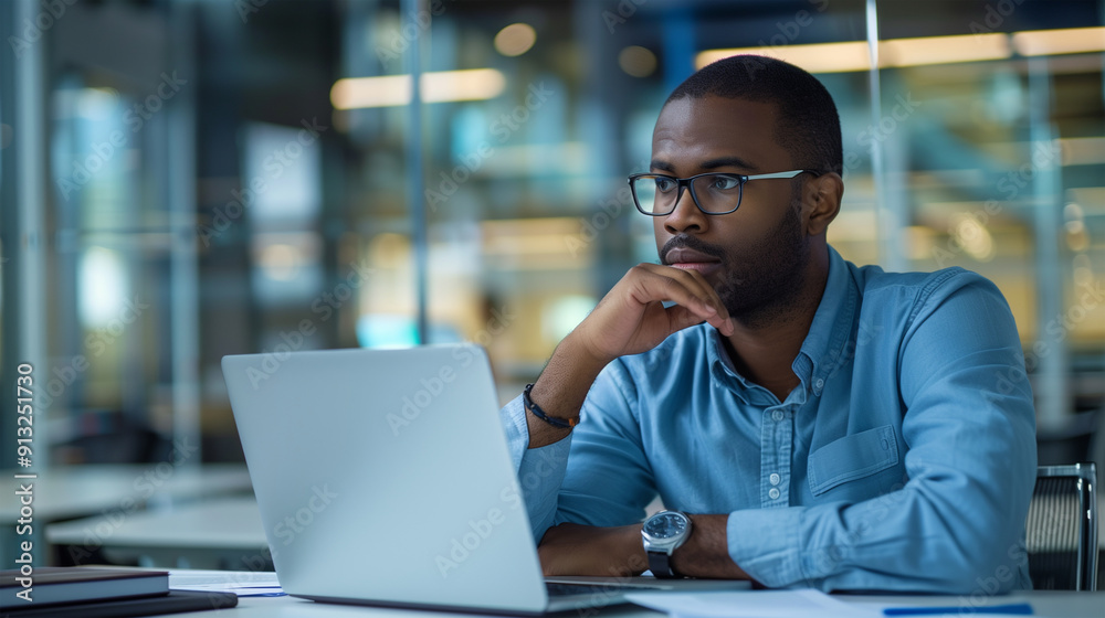 A middle-aged African-American businessman with glasses and a beard sits at his computer looking seriously at the monitor, A middle-aged African-American businessman with glasses and a beard sits at his computer looking seriously at the monitor,