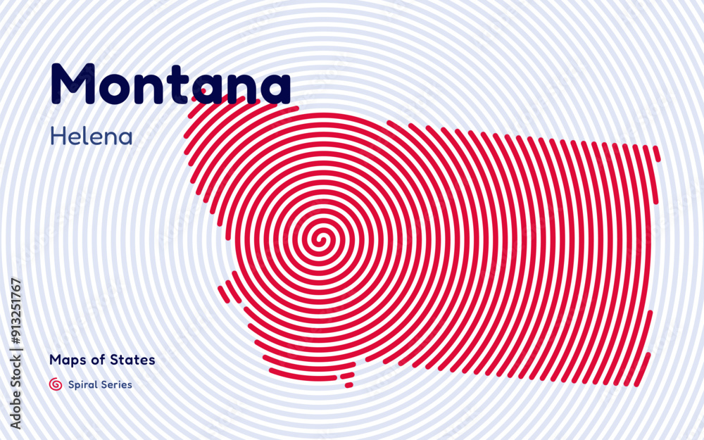 Montana Map in Spiral Formation: Helena Takes Center Stage. Fingerprint and stripes pattern. American states maps Montana Map in Spiral Formation: Helena Takes Center Stage. Fingerprint and stripes pattern. American states maps