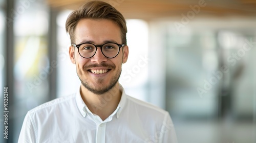 Confident Young Professional Male Smiling in Urban Office Setting with Copy Space for Text