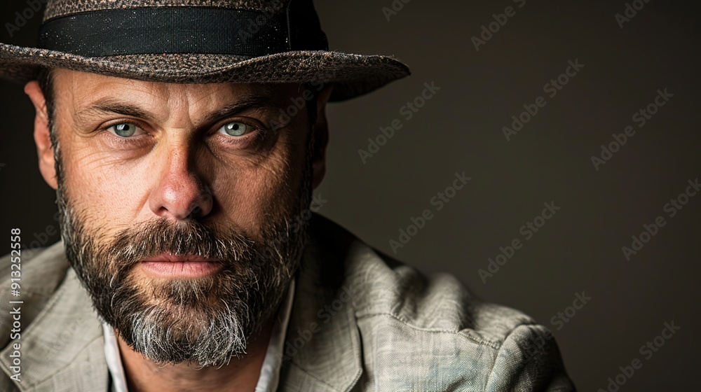 Close-up Portrait of a Bearded Man in Studio Wearing Hat and Casual Jacket with Neutral Expression Close-up Portrait of a Bearded Man in Studio Wearing Hat and Casual Jacket with Neutral Expression