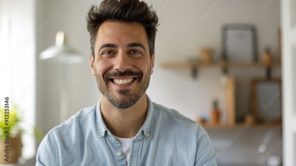 Charming Man with Dimples Smiling in Cozy Studio - Close-up Portrait with Candid Connection and Casual Attire Charming Man with Dimples Smiling in Cozy Studio - Close-up Portrait with Candid Connection and Casual Attire