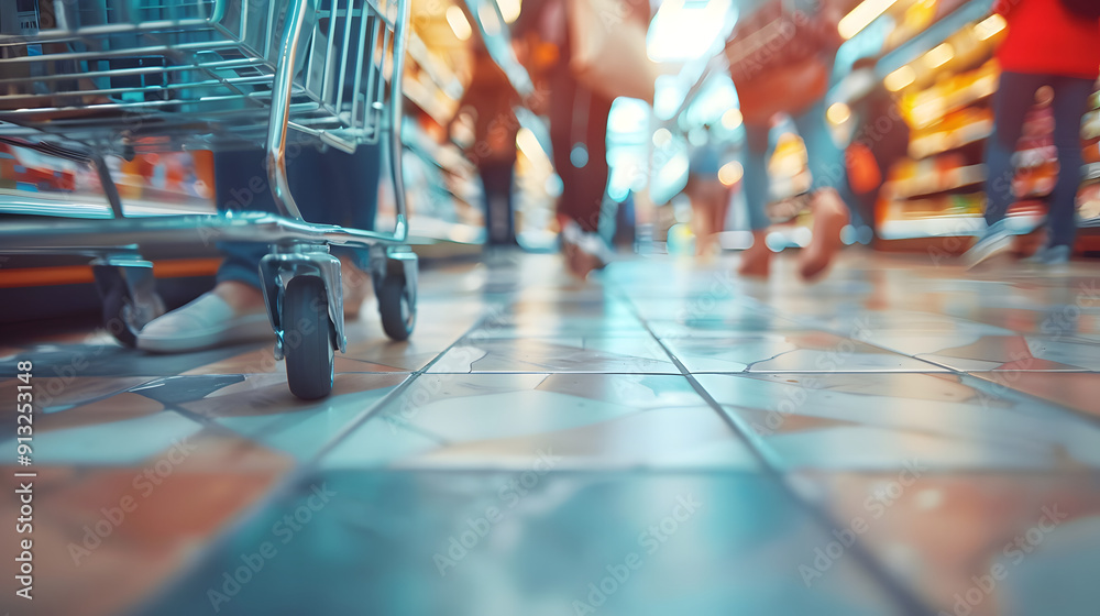 Fototapeta premium Macro view of shopping cart wheels on a supermarket tile floor with feet of busy shoppers blurred in the background